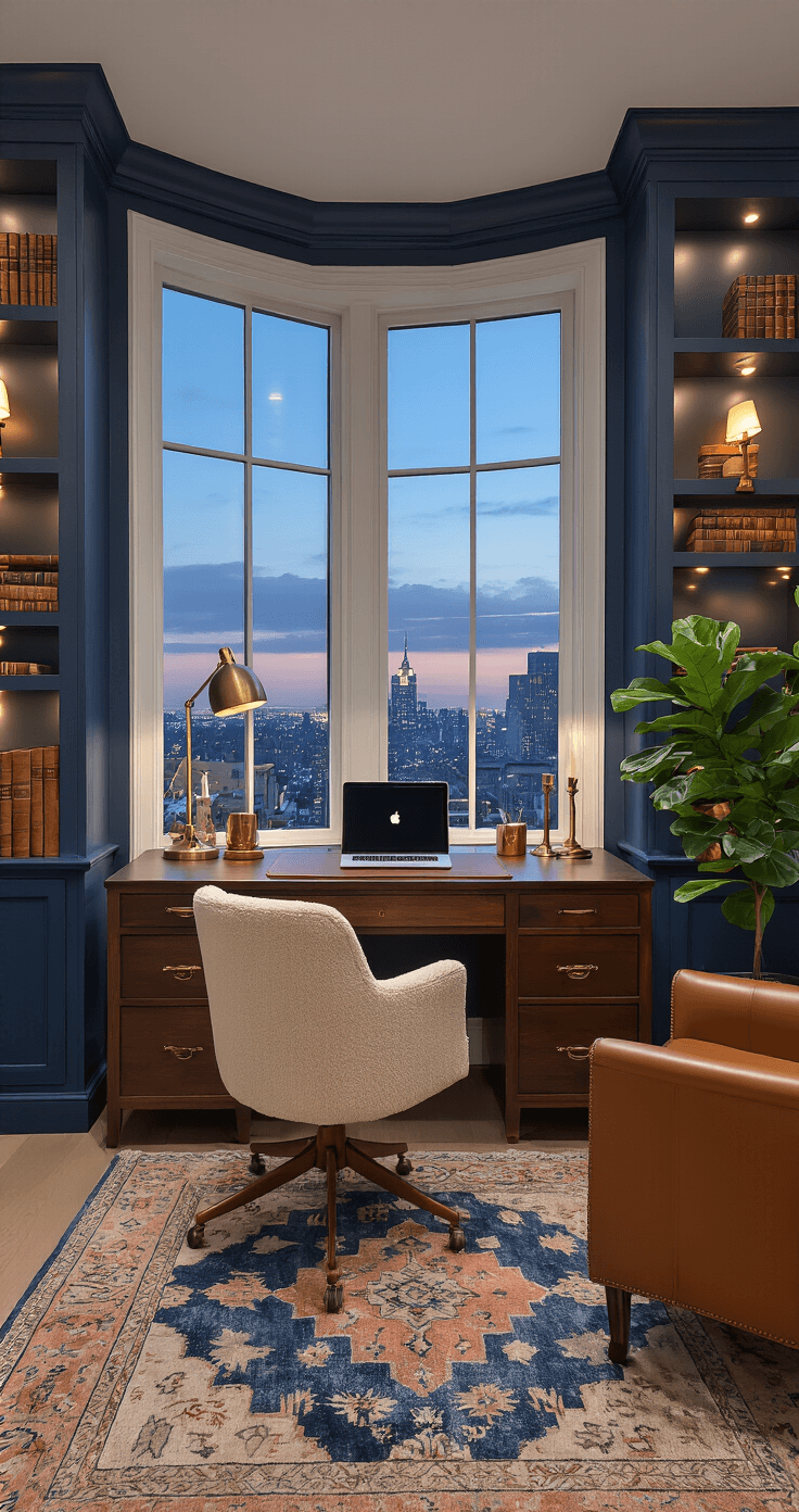 A cozy home office with a large bay window showcasing a twilight cityscape, featuring a dark walnut desk with a MacBook and brass accessories, navy built-in bookshelves with vintage books, a plush cream boucle chair, a cognac leather armchair for reading, and a Persian rug, all illuminated by warm ambient light from brass sconces.
