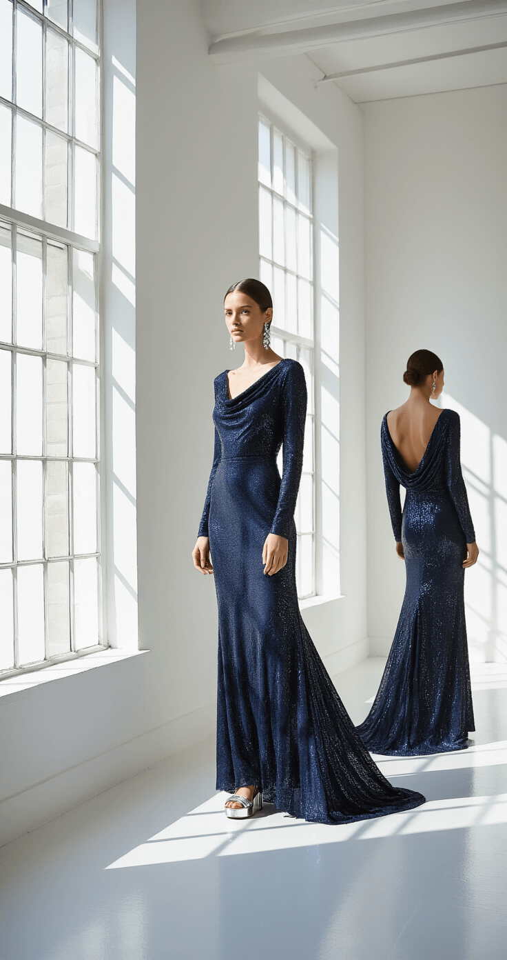 WHAT TO WEAR AS A WEDDING GUEST: YOUR ULTIMATE WEDDING GUEST DRESS A model in a long-sleeve navy sequined gown poses in a minimalist white studio with floor-length windows, showcasing the dress's subtle draping and cowl back. Crystal drop earrings and metallic platform sandals complete the look, while winter morning light casts crisp shadows. The image features both front and back views.