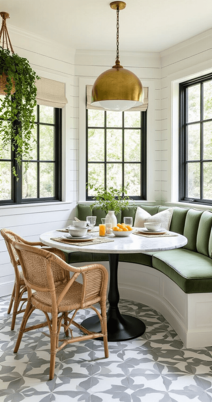 A sunlit breakfast nook featuring a sage green curved banquette, round marble table, rattan chairs, and vintage brass pendant light, accented by hanging plants and a styled table with linen placemats and fresh citrus, all against white shiplap walls and black steel-framed windows.