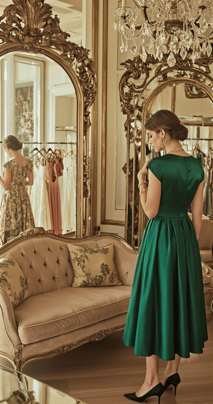 WHAT TO WEAR AS A WEDDING GUEST: YOUR ULTIMATE WEDDING GUEST DRESS A woman in an emerald green satin midi dress explores a vintage boutique filled with ornate mirrors and plush seating, surrounded by warm late afternoon light as she browses a rack of cocktail dresses, complemented by gold accessories and classic black pumps.