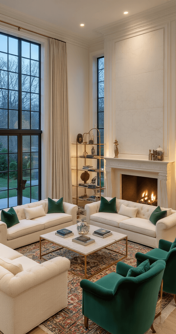 An elegant living room at dusk featuring cream bouclé sofas, emerald green velvet accent chairs, a quartzite coffee table, and a limestone fireplace, highlighted by soft recessed lighting and framed by floor-to-ceiling silk-draped windows overlooking a garden. A vintage Persian rug layers over sisal, while brass étagères showcase curated objects and art books.