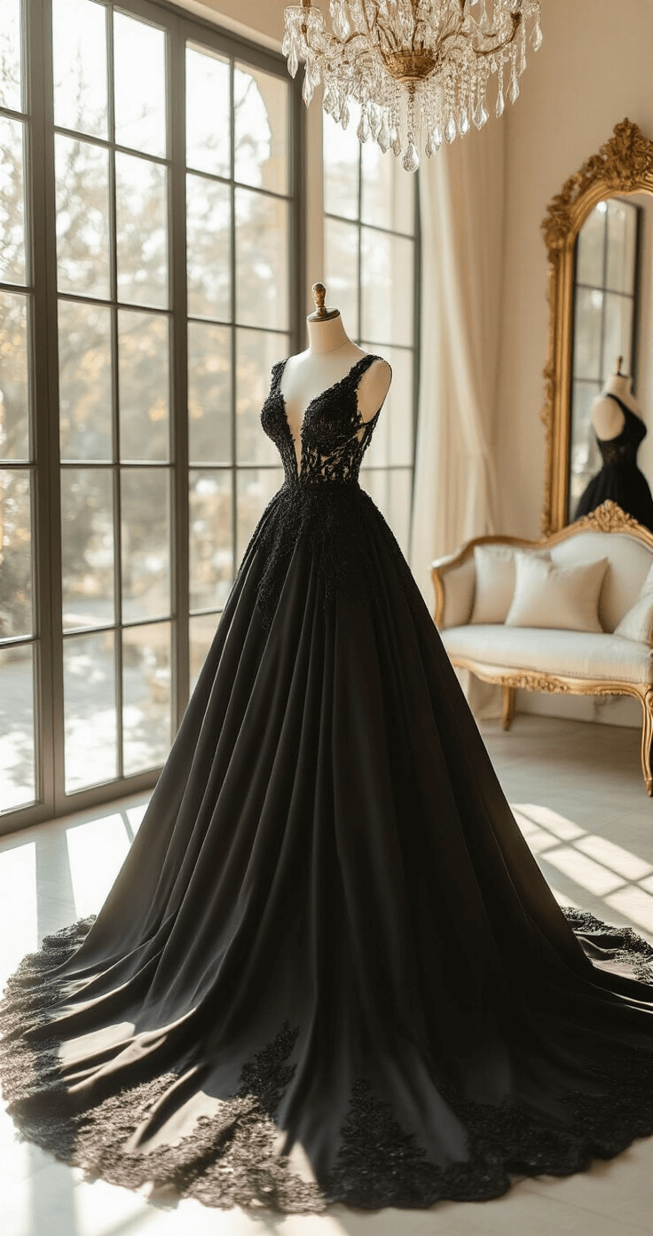 Black Wedding Dresses: A Modern Bride's Dark Romance A luxurious bridal boutique showcasing a stunning black silk ballgown wedding dress on an elegant mannequin, illuminated by natural light through floor-to-ceiling windows, with intricate beaded lace detailing and a dramatic train, surrounded by crystal chandeliers and plush ivory seating.