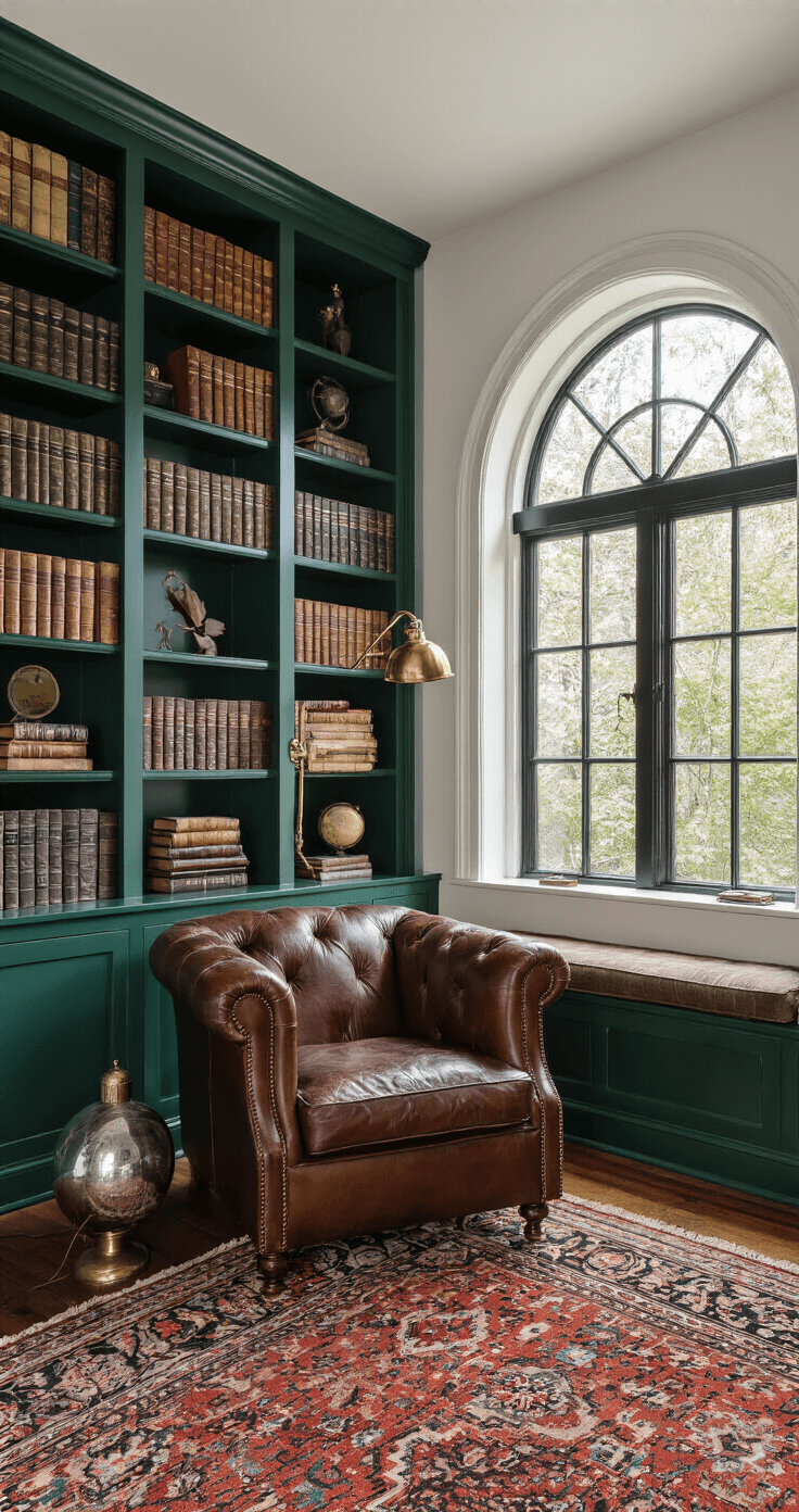 Cozy library corner during blue hour with deep forest green shelves filled with leather-bound books, a vintage leather club chair under an arched window with a black iron reading lamp, an oriental rug in jewel tones on herringbone wood floors, a mercury glass table lamp, and a gallery wall of antique maps and botanical prints.