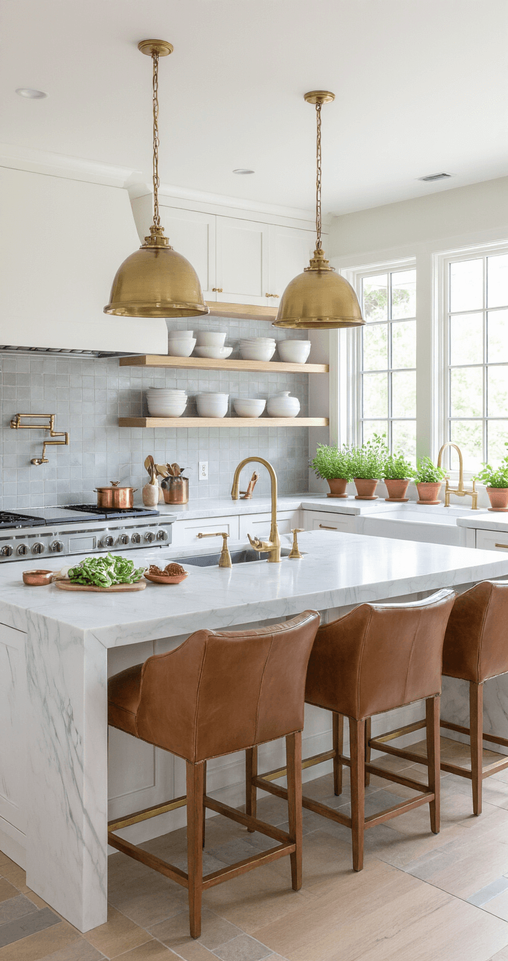 A bright chef's kitchen featuring white oak cabinetry and marble countertops, with a large center island seating four on leather barstools, commercial-grade stainless appliances, a pot filler above a six-burner range, open shelving with white pottery and copper cookware, aged brass pendant lights, and a subtle grey cement tile backsplash, accompanied by fresh herbs in terracotta pots on the windowsill.