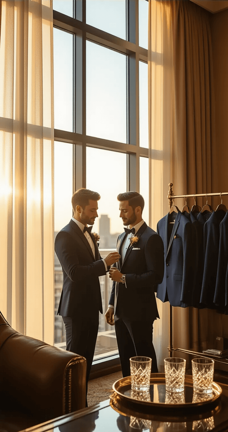 A luxurious hotel suite at golden hour with floor-to-ceiling windows, featuring groomsmen preparing for a wedding. Suits neatly hung on a brass rack, while the best man assists the groom with his boutonnière. Warm sunlight filters through sheer curtains, illuminating rich mahogany furniture and crystal whiskey glasses on a silver tray. The color palette includes navy, warm woods, cream, and gold accents. Shot from a high corner angle with a shallow depth of field.