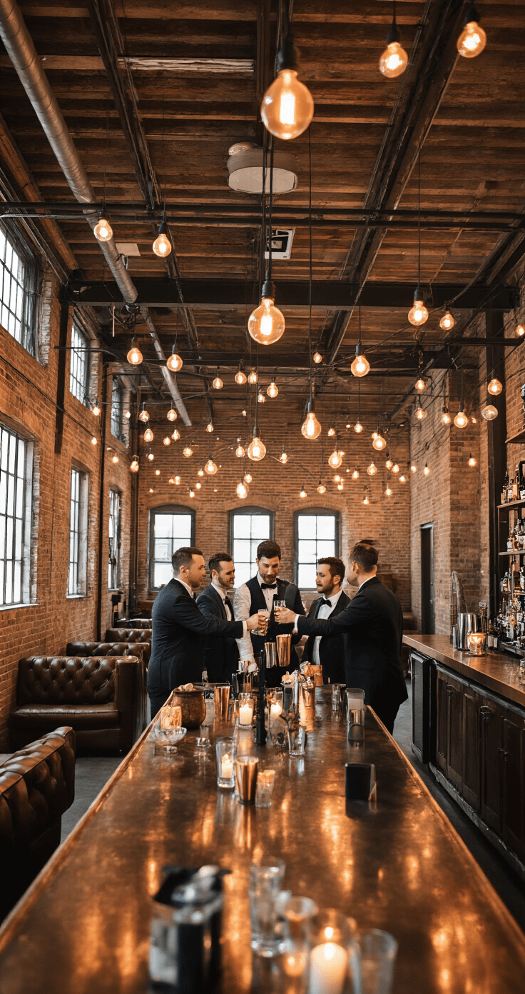 A modern industrial-style bachelor party in a converted warehouse, featuring exposed brick and steel beams. The scene captures the best man raising a toast among groomsmen, with vintage leather seating and a copper bar top. Edison bulbs create a warm ambiance, while craft cocktails are served. The color palette includes rust, amber, charcoal, and warm metallics, all framed in a wide-angle shot that highlights the sophisticated urban atmosphere.