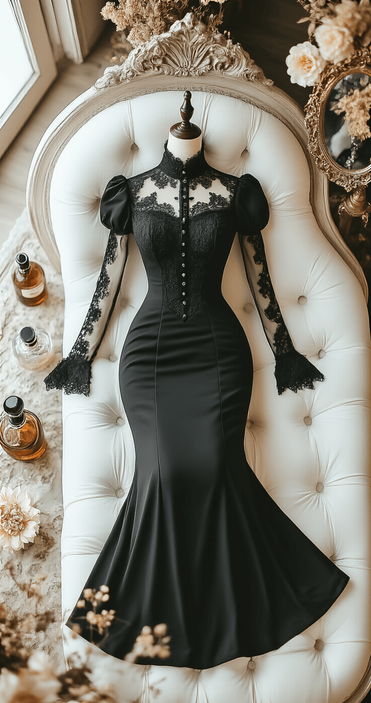 Black Wedding Dresses: A Modern Bride's Dark Romance A romantic vintage bedroom featuring a black wedding dress with Victorian-inspired details on a white tufted chaise lounge, surrounded by antique perfume bottles, dried flowers, and an ornate hand mirror, all captured in soft overhead light.