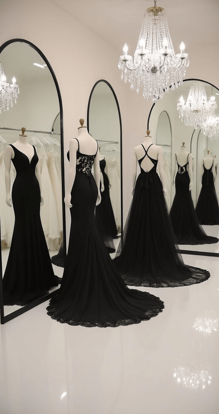 Black Wedding Dresses: A Modern Bride's Dark Romance A contemporary bridal salon features three black wedding dresses on mannequins: a classic ballgown, a sleek minimalist style, and a romantic bohemian design. Large arched mirrors reflect intricate details and train arrangements, while a sparkling crystal-drop chandelier enhances the elegant ambiance with bright natural light.