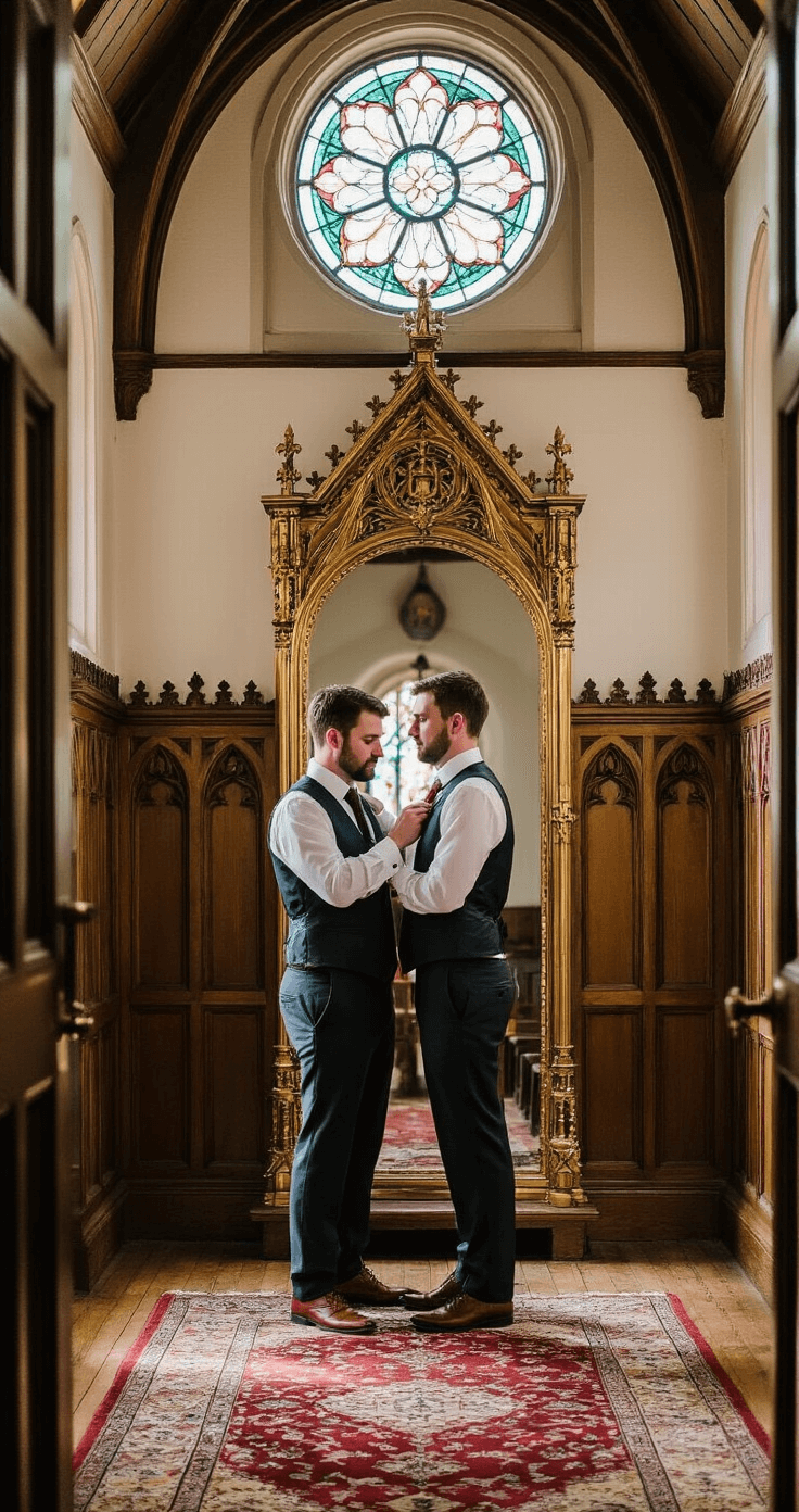 A nervous groom adjusts his tie with the help of his best man in an intimate church anteroom, surrounded by stained glass, Gothic details, and warm morning light, reflecting off an ornate gold mirror.