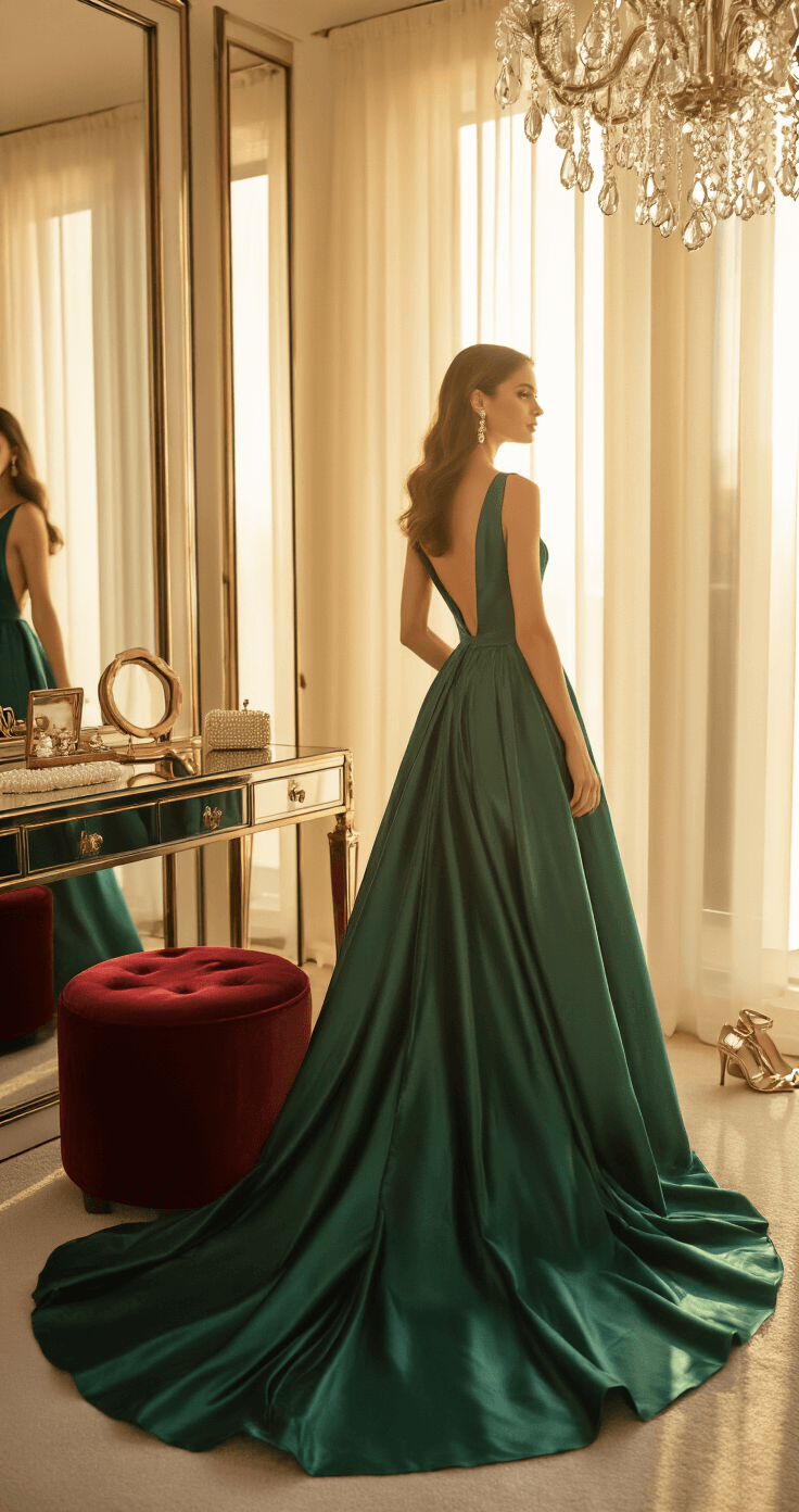 A sunlit dressing room features a woman in an emerald satin gown standing before floor-to-ceiling mirrors, with golden hour light illuminating her dress, a velvet ottoman nearby, and a styled vanity adorned with elegant accessories, captured at a three-quarter angle with a soft bokeh effect.