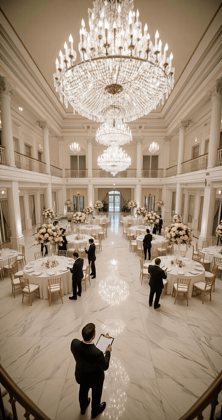 Aerial view of a grand ballroom pre-ceremony setup, featuring marble floors, crystal chandeliers, white-draped tables, and floral arrangements, with the best man directing vendors from the mezzanine. Color palette includes white, silver, blush pink, and champagne.