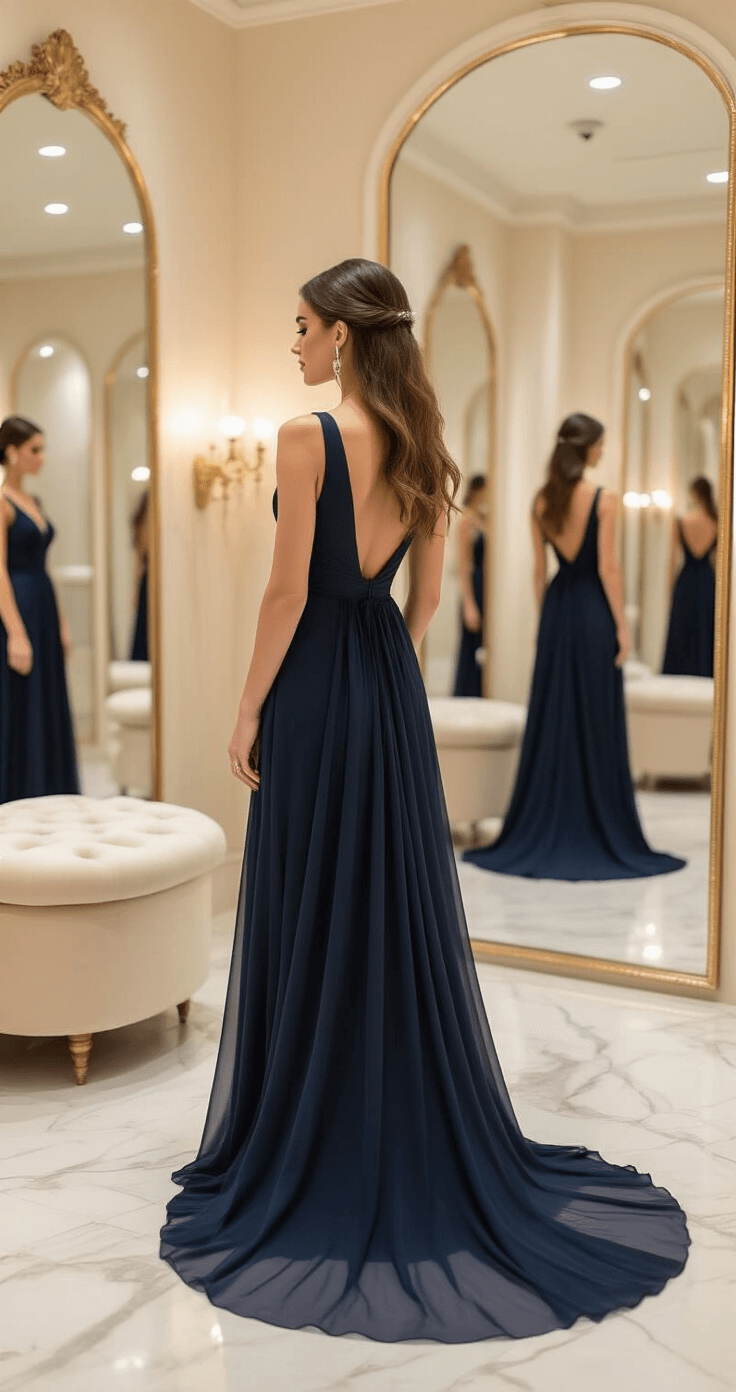 A bride's friend tries on a sophisticated navy chiffon gown in an elegant boutique fitting area, surrounded by champagne-tinted mirrors and plush cream seating, with intricate fabric details and subtle jewelry captured in soft focus.