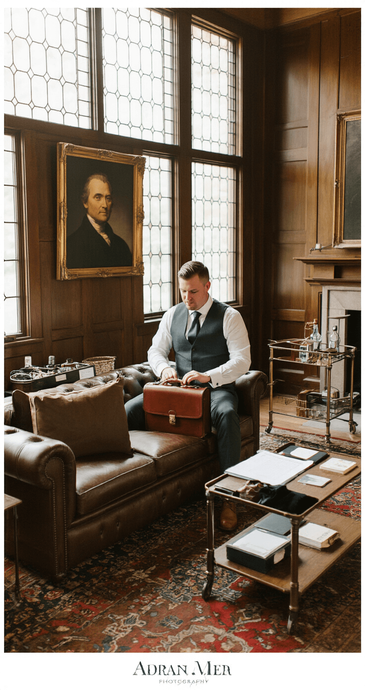 Cozy wood-paneled groomsmen lounge with Chesterfield sofas and a vintage bar cart, featuring a best man organizing rings in a leather briefcase by the fireplace, afternoon light streaming through leaded windows, with presidential portraits adorning the walls. The warm color palette includes cognac leather, forest green, and brass accents.