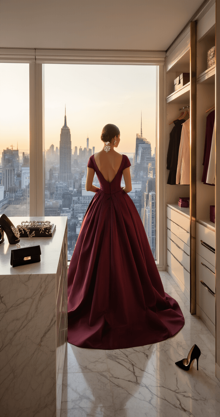 A woman in a burgundy mikado ball gown stands in a modern penthouse bedroom, preparing for a formal event. The room is bathed in warm light, highlighting the structured silhouette of her gown and organized accessories, including a black clutch, statement earrings, and crystal-embellished pumps, with an urban skyline visible through the window.