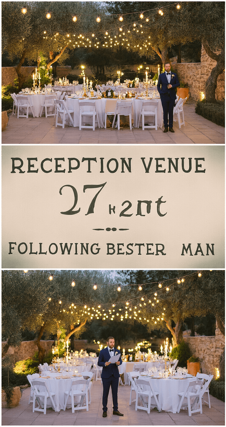 A best man delivers a heartfelt speech on a stunning outdoor terrace at sunset, surrounded by elegant white dinner tables adorned with glowing candles. The scene features twinkling string lights overhead, olive trees, and rustic stone walls, creating a warm and intimate atmosphere accentuated by twilight blue, sage green, and golden hues.