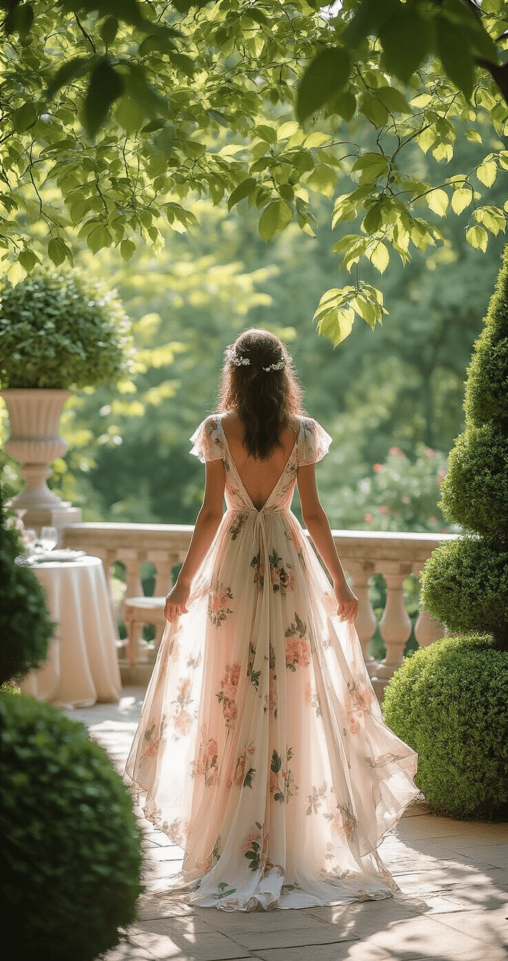 A guest in a floral chiffon gown stands in a garden terrace wedding venue, surrounded by manicured topiaries and elegant table settings. Dappled sunlight filters through the trees, highlighting the pastel print and cap sleeve details of the dress, with a focus on its movement against the natural backdrop.