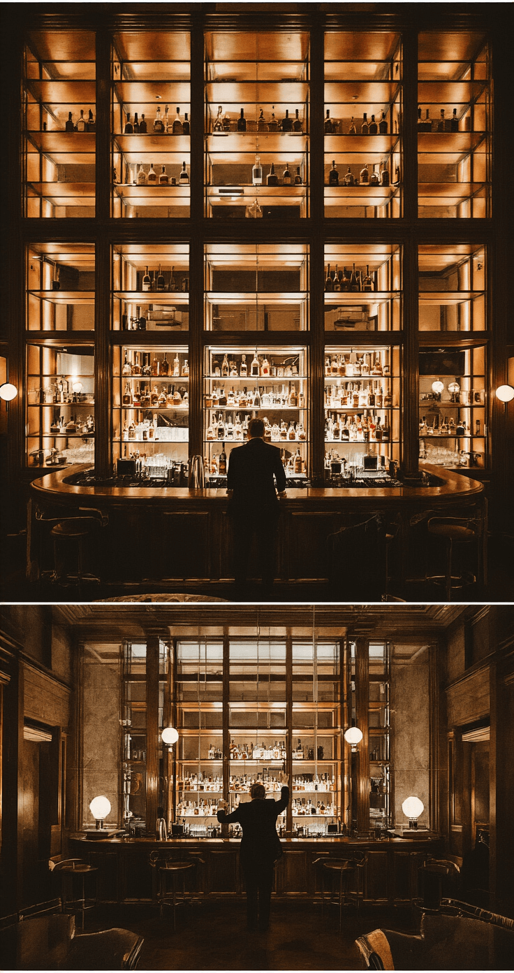 A low-angle view of an intimate hotel bar after-party, featuring a best man coordinating a final toast. The space is adorned with art deco elements, backlit shelving, and mirrored surfaces. Soft amber lighting complements deep blue tones, polished brass accents, and rich wood finishes, creating a sophisticated nighttime atmosphere.