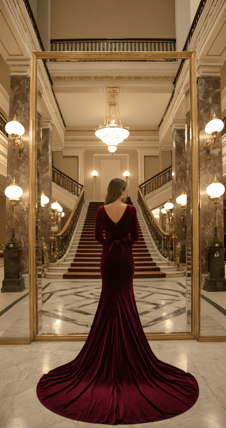 A winter wedding guest in a deep burgundy velvet gown with long sleeves stands in an opulent hotel lobby, surrounded by gilded mirrors and marble columns. The warm vintage lighting from art deco sconces enhances the fabric's rich texture, while the grand staircase and the model's reflection create elegant angles in the scene.