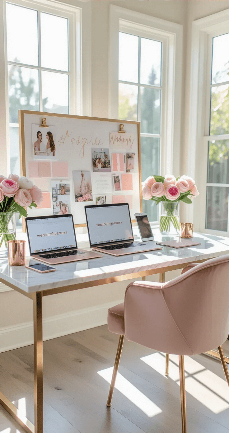 A modern home office with floor-to-ceiling windows, featuring a white marble desk with a rose gold MacBook, smartphone, and tablet, surrounded by a blush velvet chair, brass desk accessories, and a vase of peonies, ideal for wedding planning sessions.