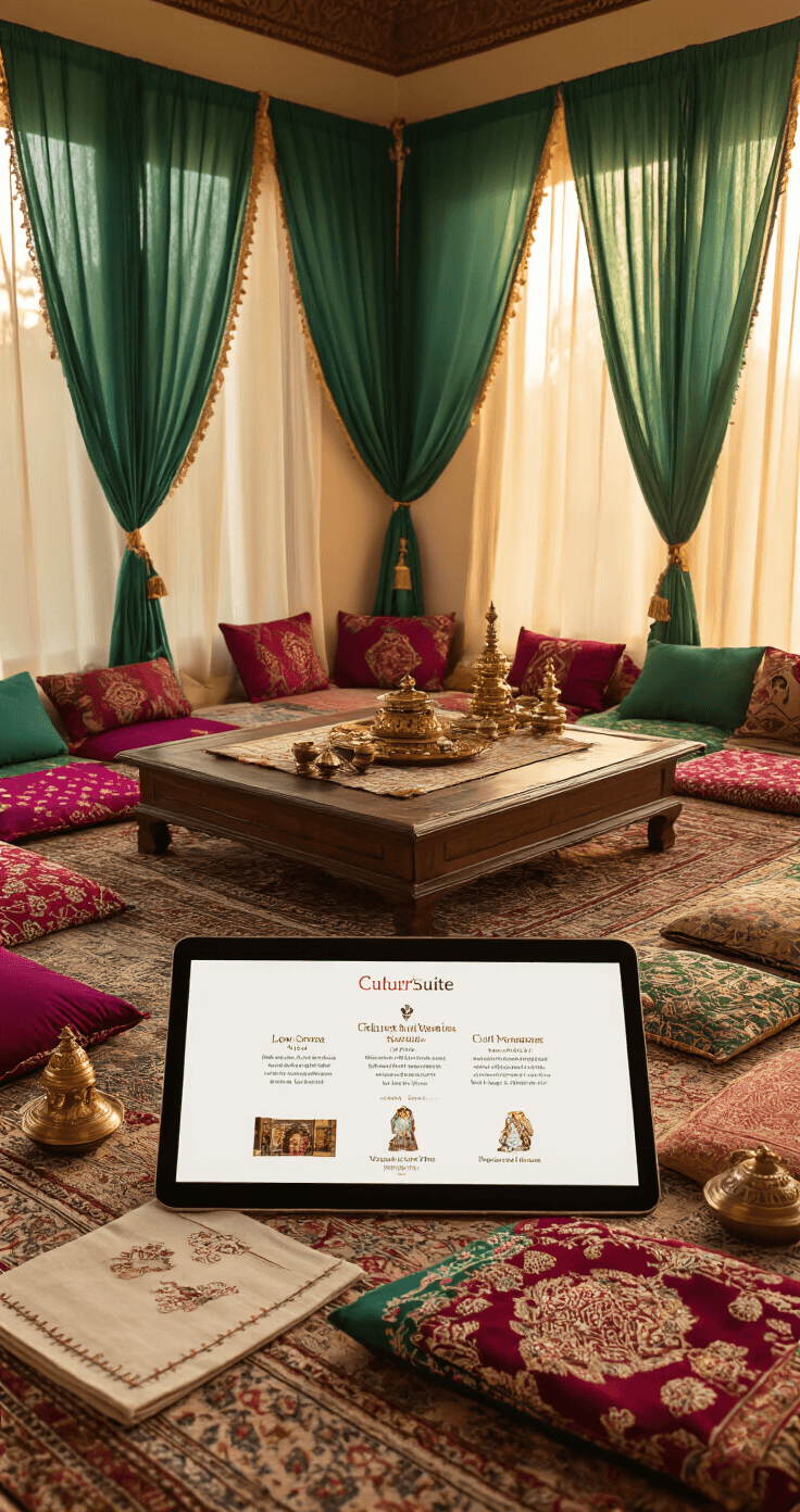 A cozy cultural wedding planning corner in a living room, featuring a low wooden table surrounded by jewel-toned floor cushions. Late afternoon light streams through sheer curtains, illuminating wedding planning elements such as henna patterns and fabric swatches, along with a CoupleSuite interface on a tablet. Rich emerald green and deep burgundy textiles create an intimate atmosphere, enhanced by warm ambient lighting.
