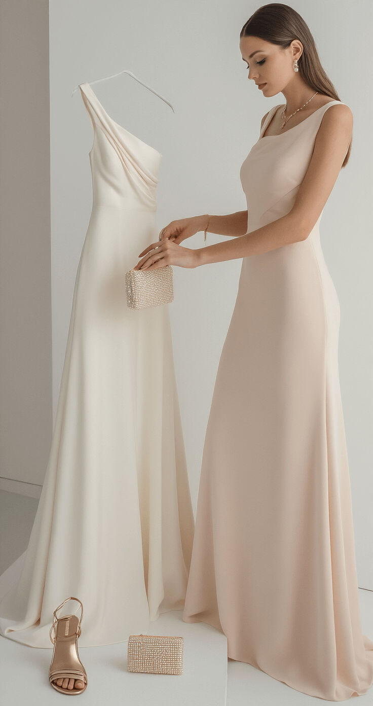 A minimalist bridal salon with a woman styling a pale blush column gown for a summer wedding, surrounded by metallic sandals, a pearl-encrusted clutch, and delicate gold jewelry, set against clean white walls and highlighted by strategic spotlighting.