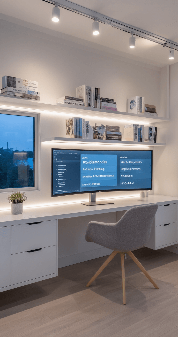 A contemporary tech hub in a minimalist 10x12ft space, featuring Celebrateally's AI interface on a 34-inch curved monitor, adjustable LED lighting, and floating white shelves with wedding planning books, furnished in Scandinavian style with gray, white, and pale blue accents, illuminated by evening light through smart glass windows.