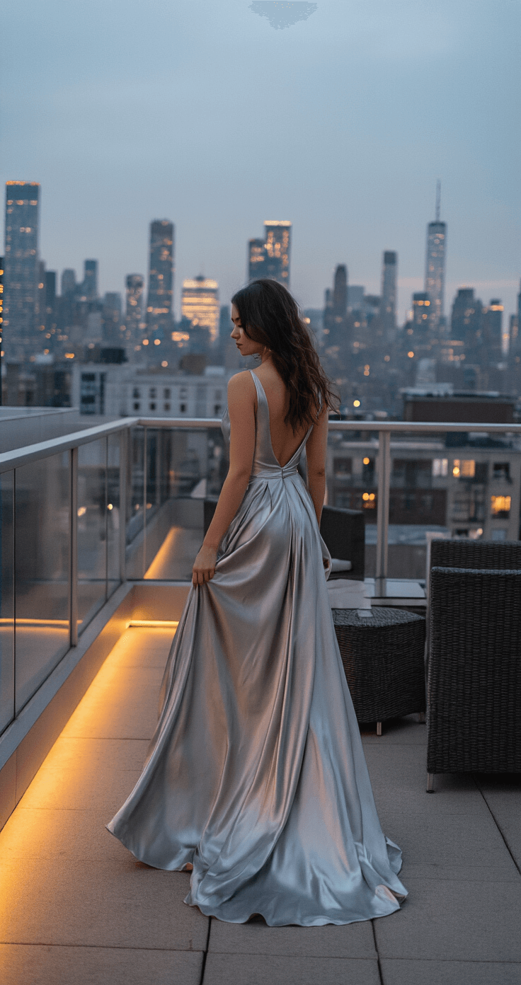 A wedding guest in a flowing silver-grey silk charmeuse gown stands on a twilight rooftop, illuminated by city lights and ambient lighting, surrounded by contemporary lounge furniture and glass railings, captured from an elevated angle to emphasize the dress's movement.