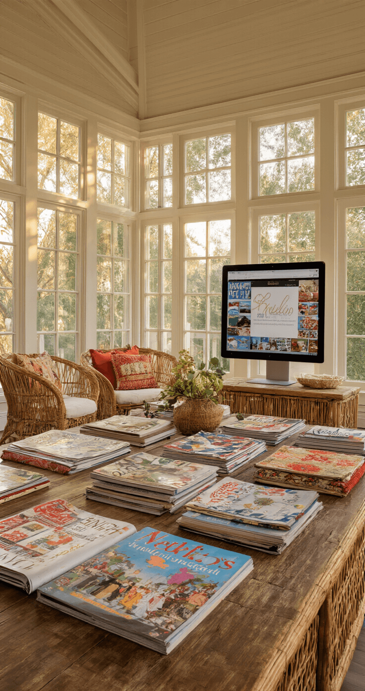 A cozy global wedding planning station in a sunroom, featuring a reclaimed wood table with international magazines, a touchscreen display of Merlio’s interface, and mixed cultural decor, all illuminated by warm golden hour light.
