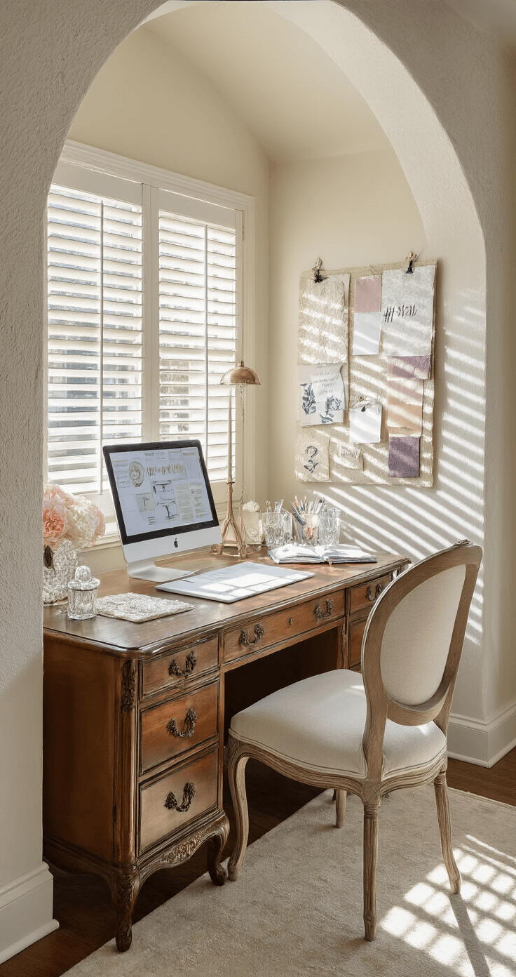 Intimate wedding consultation nook featuring a vintage secretary desk with digital and traditional planning tools, illuminated by mid-morning light filtering through plantation shutters, dramatic shadows, a pinned wedding mood board, an ivory linen upholstered French provincial chair, and sparkling crystal desk accessories, captured at eye level with shallow depth of field.
