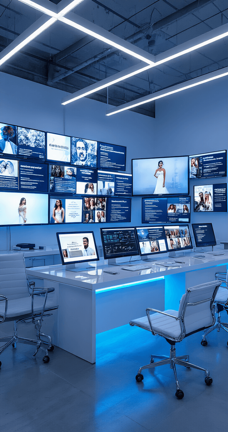Aerial view of a modern social media command center for weddings, featuring multiple screens with hashtag generators and social platform feeds, cool blue-white LED lighting, glass and chrome furniture with white lacquer accents, and digital mood boards on tablet displays in a clean, minimally decorated space.