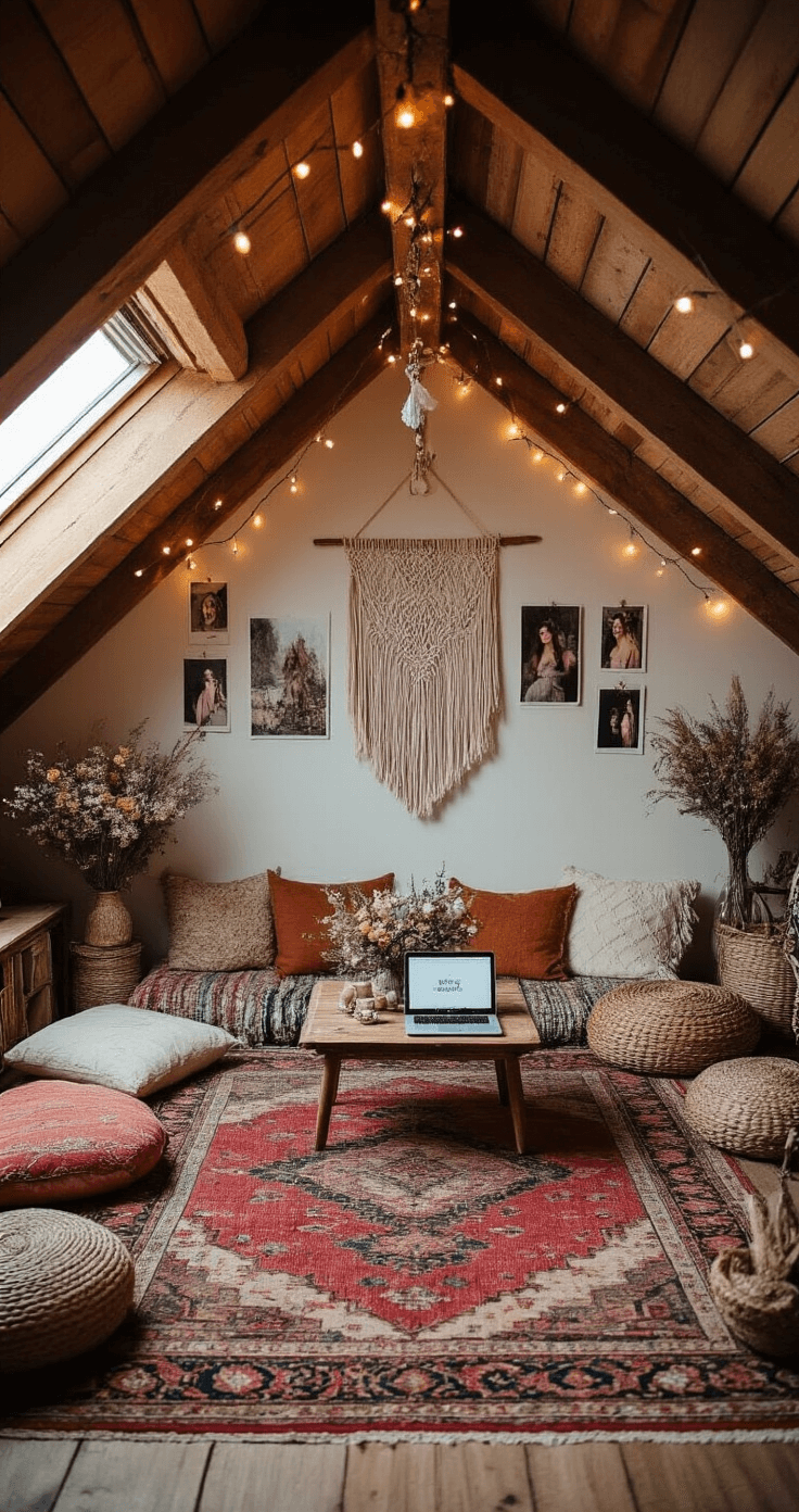 Cozy bohemian wedding planning sanctuary in an attic with exposed beams, featuring a vintage Persian rug, floor pillows, a low table, string lights, canvas wedding photos, and a laptop with hashtag options, surrounded by dried flowers, crystals, macramé wall hangings, and woven baskets, illuminated by natural light from a skylight.