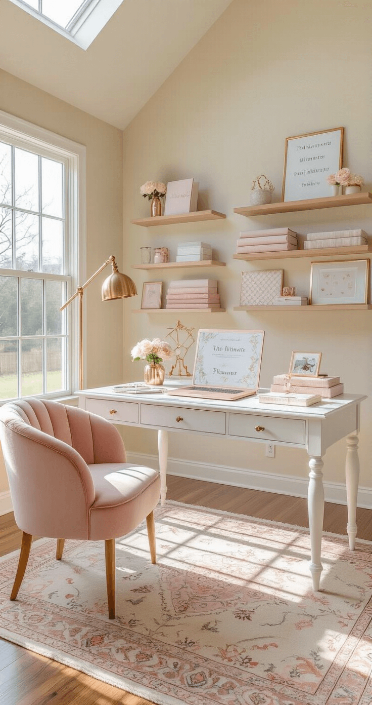 A bright home office featuring an elegant wedding planning station with a white lacquered desk, rose gold accessories, and a blush velvet accent chair, all under a vaulted ceiling with large windows and soft cream walls.