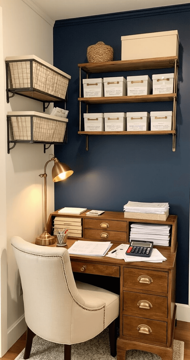 Cozy planning nook with a vintage wooden secretary desk, warm task lighting, Budget-Savvy Wedding Planner, calculator, and organizers. Industrial shelving holds wedding vendor folders against a deep navy wall with brass hardware and cream furnishings.