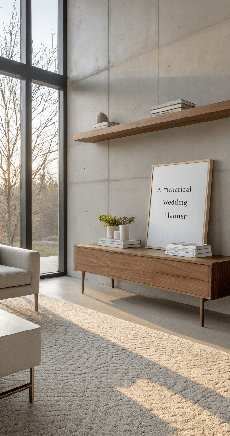 A contemporary living room showcasing a console table with 'A Practical Wedding Planner', minimalist decor, concrete accent wall, floating walnut shelves, and a geometric carpet, all illuminated by warm golden hour light through floor-to-ceiling windows.