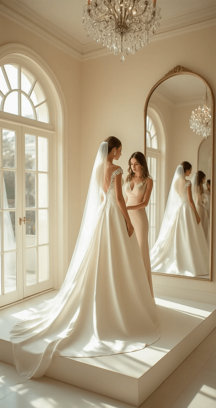 A curvy bride in a structured A-line ivory silk mikado gown admires her reflection in a sunlit bridal boutique, with floor-to-ceiling mirrors and a consultant adjusting her cathedral-length veil; natural light highlights the gown's intricate beading and graceful silhouette.