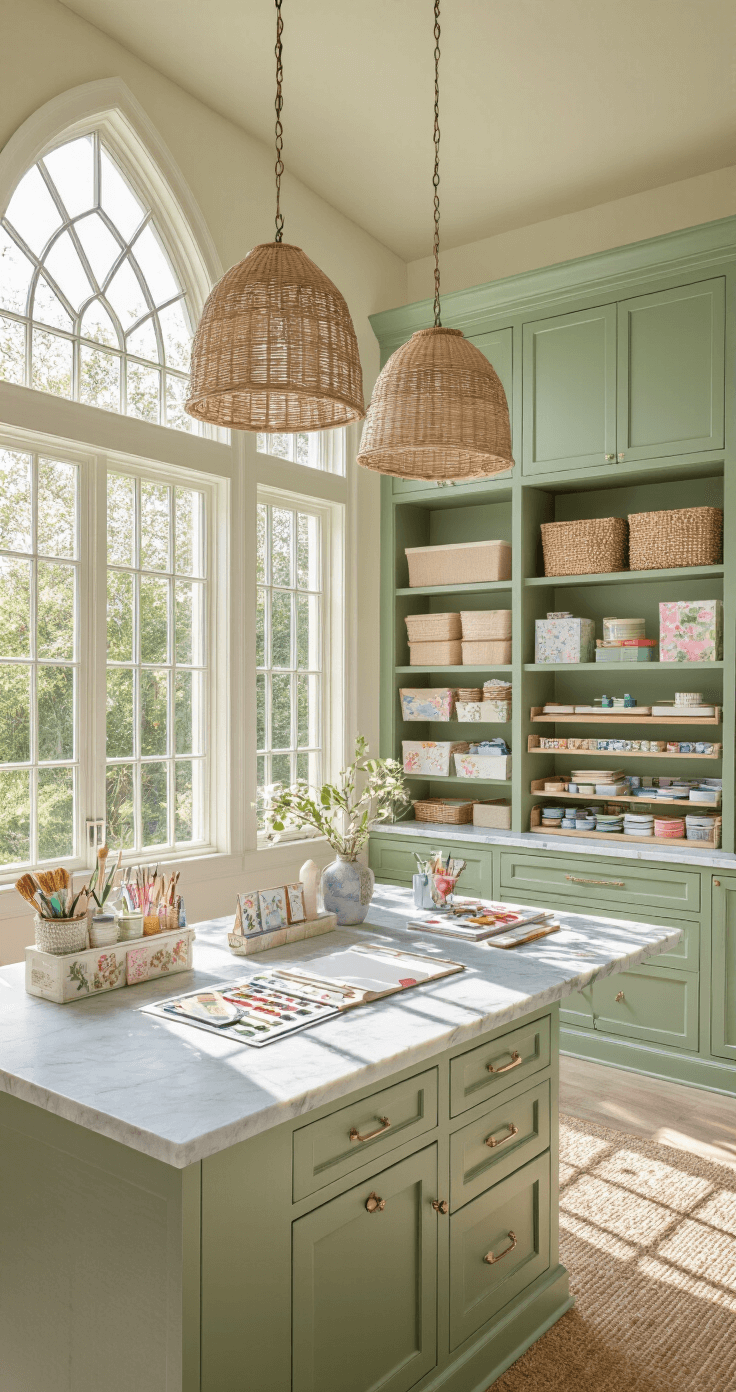 A sunlit craft room featuring an Erin Condren Wedding Planner at the center, cathedral windows illuminating a sage green storage wall filled with crafting supplies, a marble-top island with organized planning stations, and rattan pendant lights, all captured from above to display the organized workspace and soft pastel color palette.