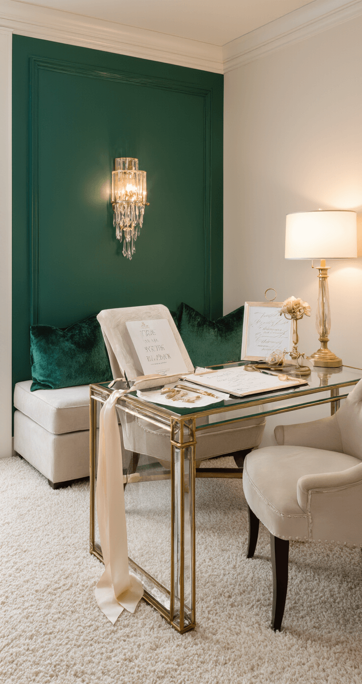 Luxe master bedroom corner with an emerald green accent wall and a brass and glass wedding planning desk, featuring silk ribbon samples and calligraphy tools. The scene is illuminated by crystal sconces and a table lamp, with a plush cream carpet and velvet seating creating a cozy, intimate atmosphere.