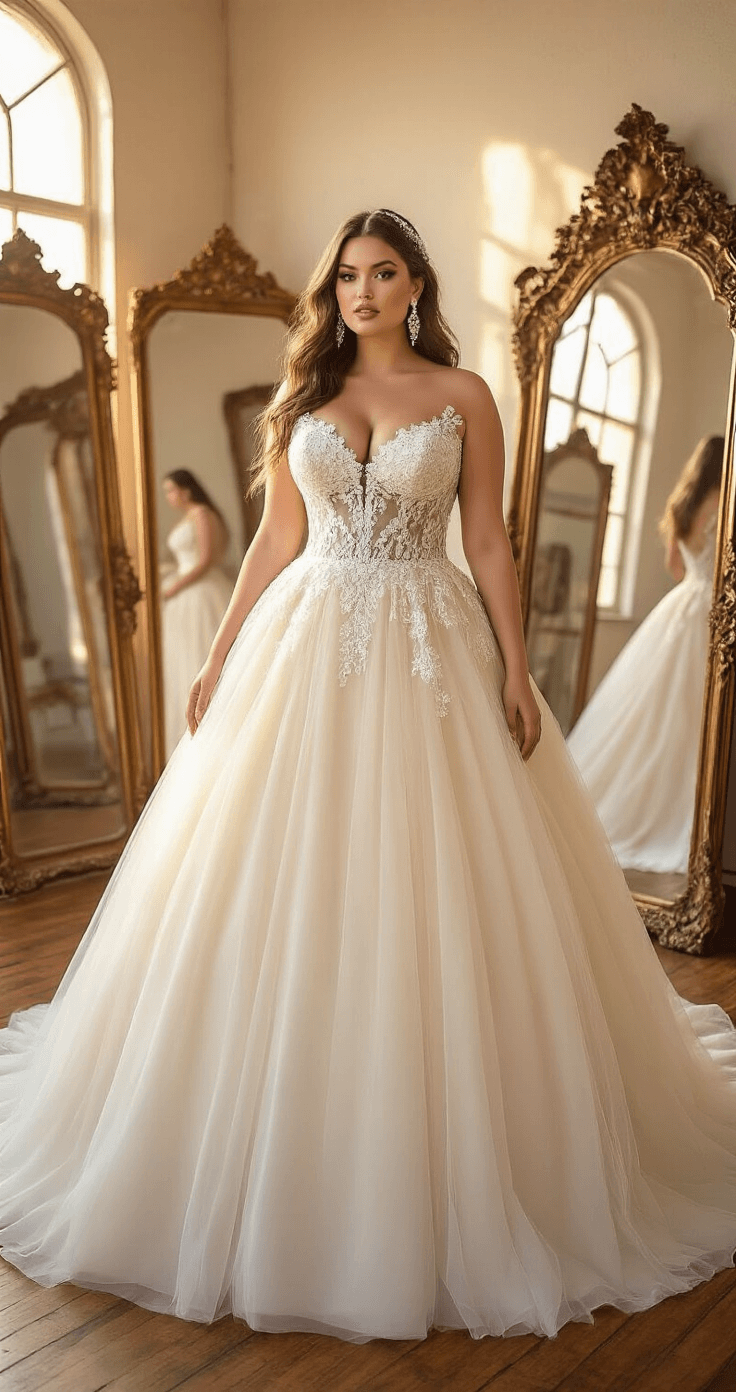 A plus-size model poses in a vintage bridal salon during golden hour, wearing a champagne ball gown with a structured sweetheart bodice and layered tulle skirt, surrounded by ornate baroque mirrors that reflect warm light. The gown features hand-beaded lace appliqués, and crystal droplet earrings add sparkle. The wide-angle shot captures the full circular skirt on antique hardwood floors with soft backlighting creating an ethereal glow.