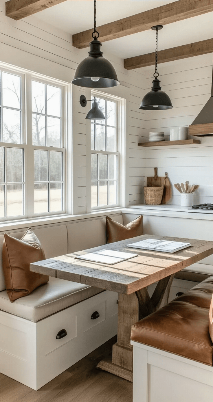 A modern farmhouse kitchen features a custom booth with built-in benches for storage, illuminated by morning light through shiplap walls. A rustic wooden table displays organized planning materials, complemented by industrial black fixtures and warm wood accents.