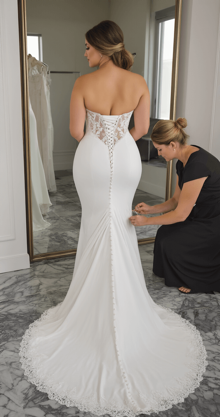 Close-up of a plus-size bride being fitted in a curve-hugging mermaid gown with ruching and lace trim, as a seamstress marks hemline adjustments in a modern minimalist bridal fitting room.