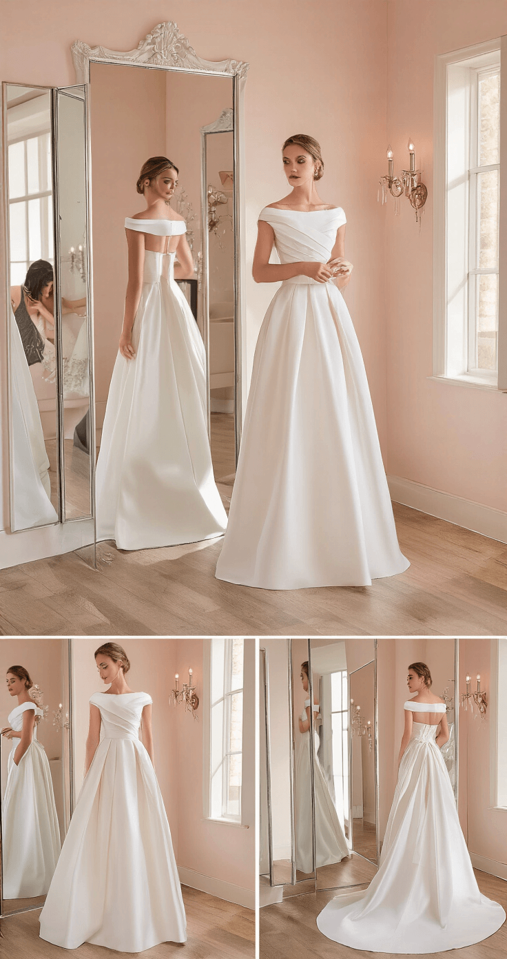 Bride in an elegant boutique dressing suite with blush pink walls tries on an ivory fit-and-flare gown with cap sleeves. The dress showcases vertical seaming and architectural pleats, while a consultant demonstrates shapewear solutions. Afternoon light casts shadows that accentuate the dress's bodice detailing in the triple mirror reflections.