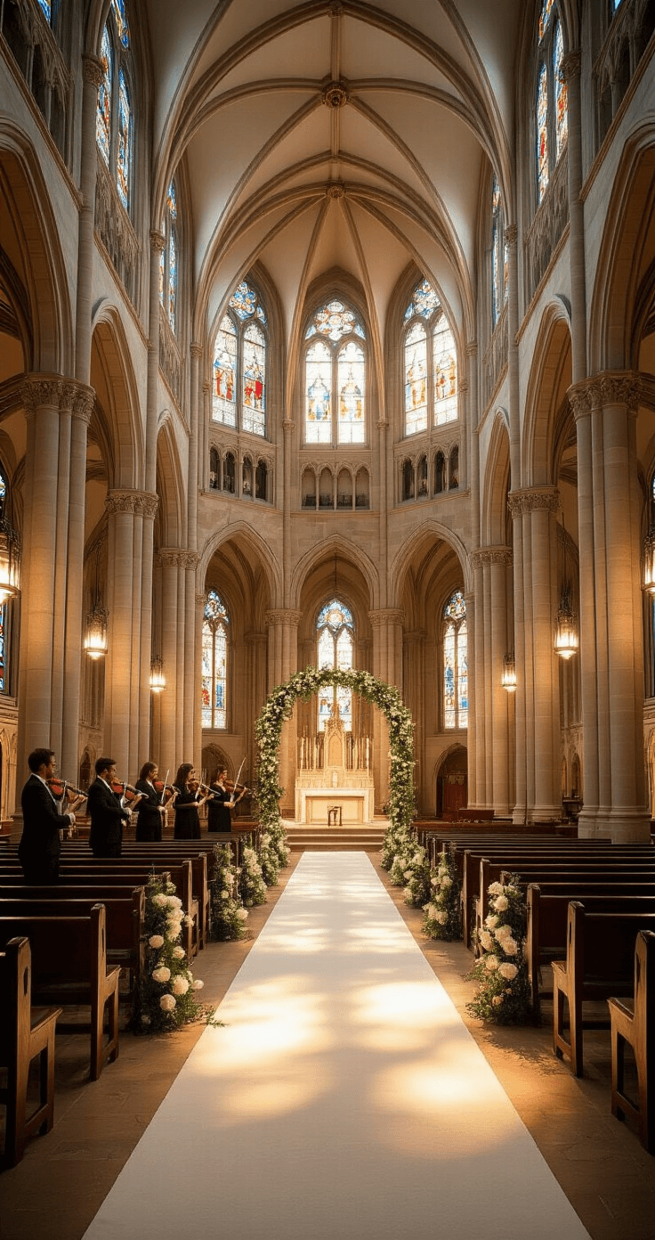 A grand cathedral interior viewed from the rear balcony, featuring vaulted ceilings, stained glass windows casting colorful light, an ivory carpet leading to a rose-adorned arch, and a string quartet bathed in warm light, all set against a backdrop of ethereal golden hour illumination.