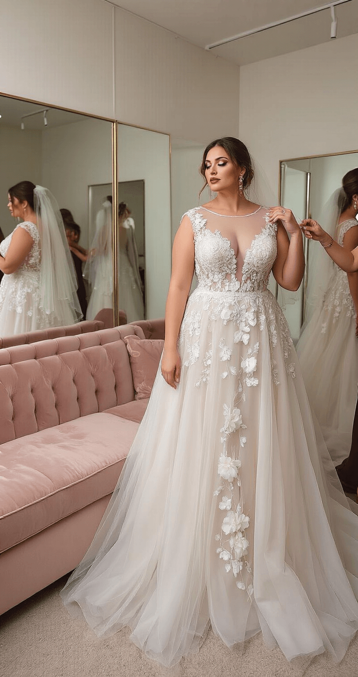 A luxurious bridal salon featuring a private viewing area with champagne-colored velvet seating, showcasing a plus-size model in a modified A-line gown with an illusion neckline and floating floral appliqués. The dress has a structured mikado silk base with an ethereal tulle overlay. A consultant demonstrates veil options under natural skylight, highlighting intricate beadwork, with a wide shot capturing a full-length mirror reflection and the salon's ambiance.