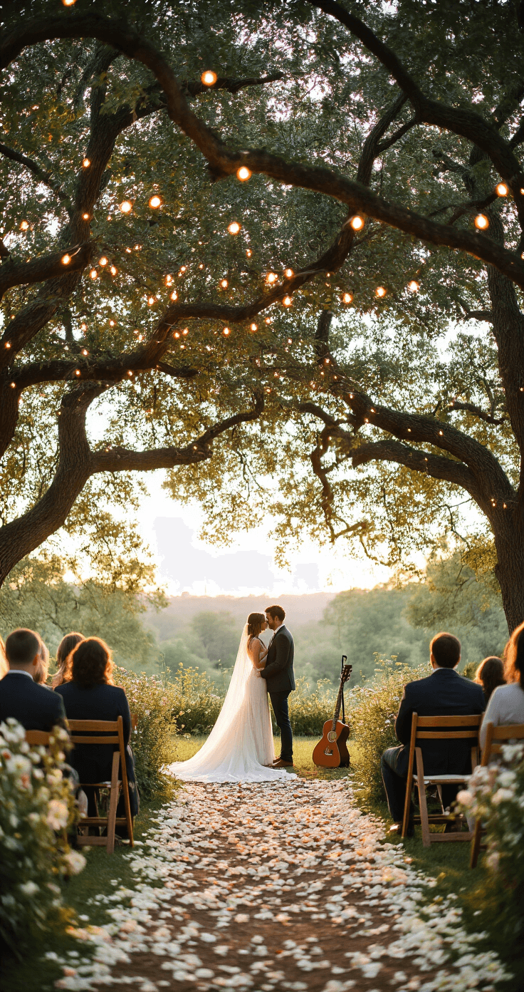 Intimate garden wedding setup with fairy lights strung between oak trees, vintage wooden chairs along a petal-strewn aisle, and a live acoustic guitarist. Ground-level view through flowers towards the couple, with a dreamy bokeh effect in soft evening light.