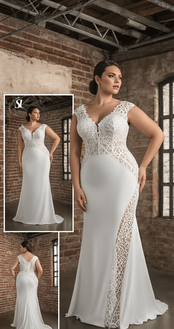 Close-up detail of a plus-size bride in a contemporary sheath dress, featuring geometric lace patterns, innovative support structures, and a blend of modern crepe with traditional corsetry, set against an industrial-chic bridal studio backdrop with exposed brick walls and steel beams. Dramatic side lighting highlights the dress's texture and architectural details.
