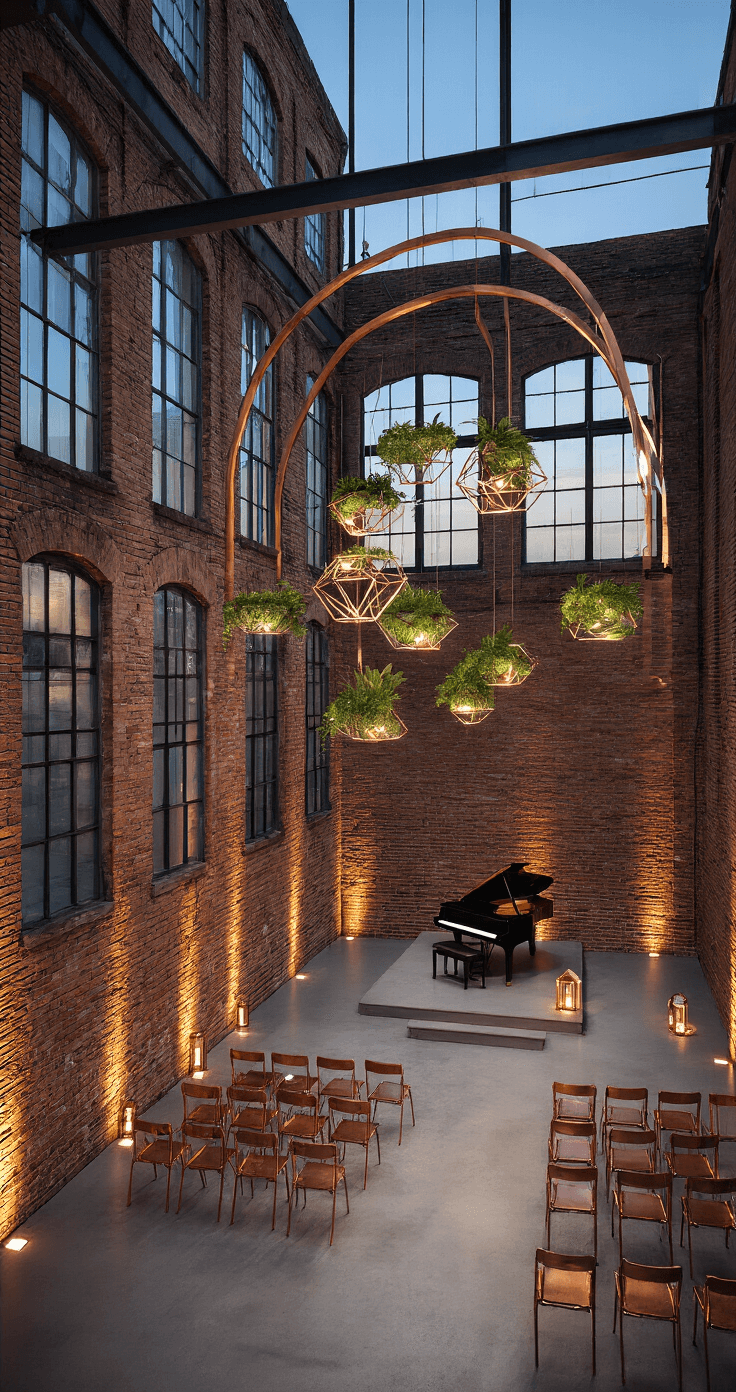 A modern industrial loft venue at twilight features 20-foot exposed brick walls and large factory windows. A minimalist copper arch with geometric terrariums and air plants stands at the front, flanked by ghost chairs along a concrete aisle marked by geometric lanterns. A piano is situated on an elevated platform in the corner, capturing the clean lines and contemporary ambiance ideal for a Vitamin String Quartet performance.