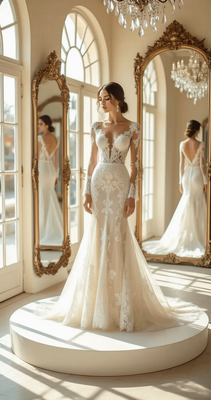 A bride in a fitted lace long-sleeve wedding gown stands on a circular platform in a sunlit bridal boutique, surrounded by ornate gold mirrors. The intricate floral lace pattern casts delicate shadows, while the gown's illusion sleeves feature pearl buttons. Natural light streams through floor-to-ceiling windows, illuminating the serene expression on her face as she admires the perfect fit against the boutique's cream walls and crystal chandelier.