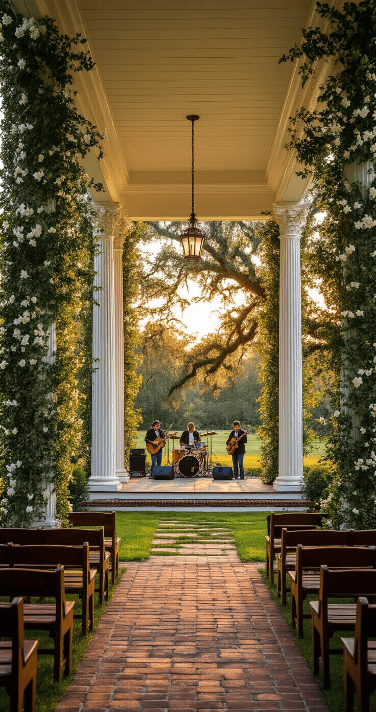 A picturesque Southern plantation house with colonial columns wrapped in jasmine vines stands at sunset, featuring a country band setting up on wide wooden steps. Vintage church pews are arranged on a manicured lawn, leading to a ceremony area beneath a magnolia tree, all bathed in warm evening light that enhances the Southern charm.