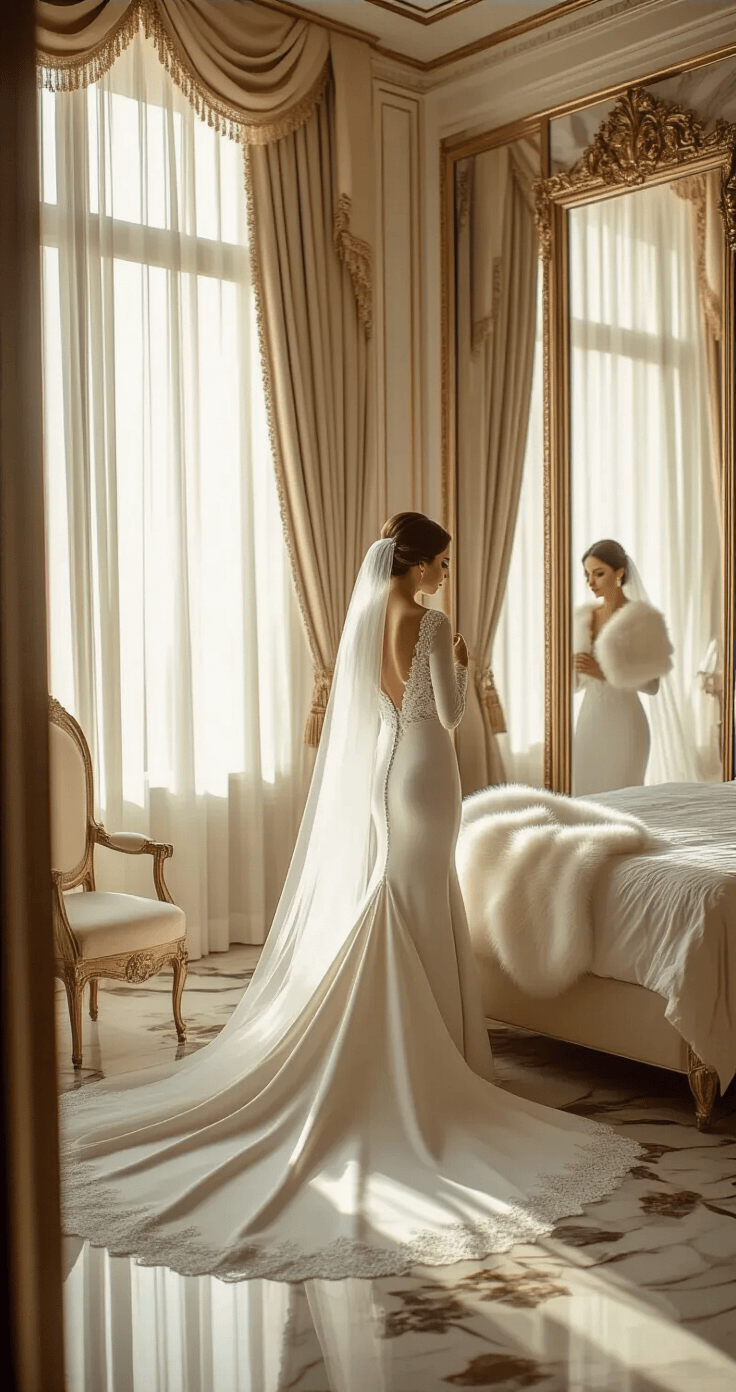 Elegant winter wedding preparation scene in a luxury hotel suite, featuring a bride in a heavy crepe long-sleeve gown with lined sleeves and subtle beading, adjusting her sleeves in a full-length mirror as golden light filters through sheer curtains, with a white fur stole and cathedral veil arranged on the king-sized bed, surrounded by marble surfaces and antique furniture.