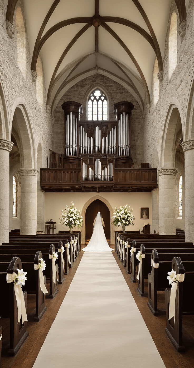 Interior of a historic stone chapel at noon, featuring light streaming through clerestory windows, traditional dark wood pews with cream ribbon aisle markers, and an altar adorned with white lilies. A pipe organ is visible in the balcony, with a perspective from the bride's entrance showing the full processional path, highlighting the contrast between light and shadow in the architectural details.